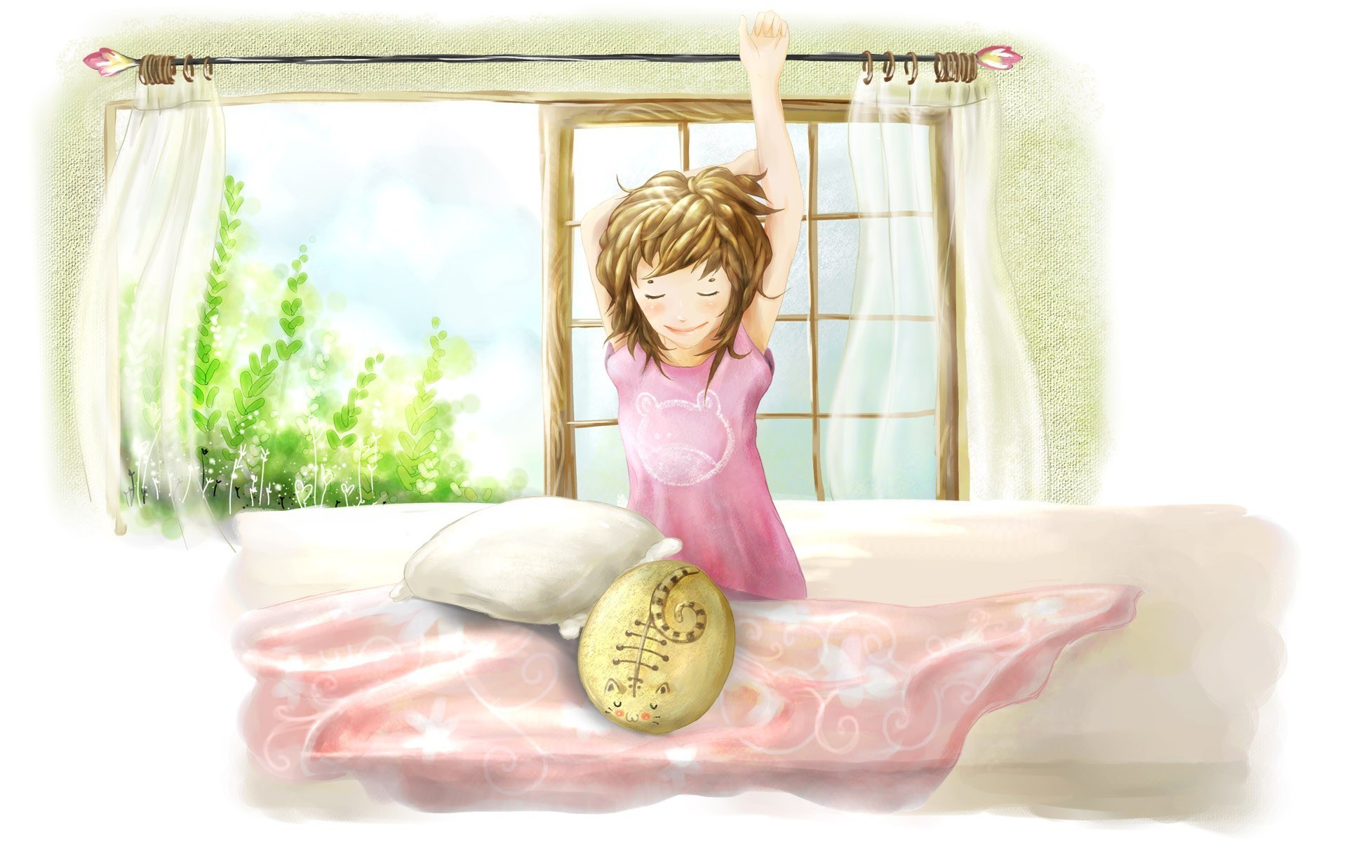 Girl stretching by window