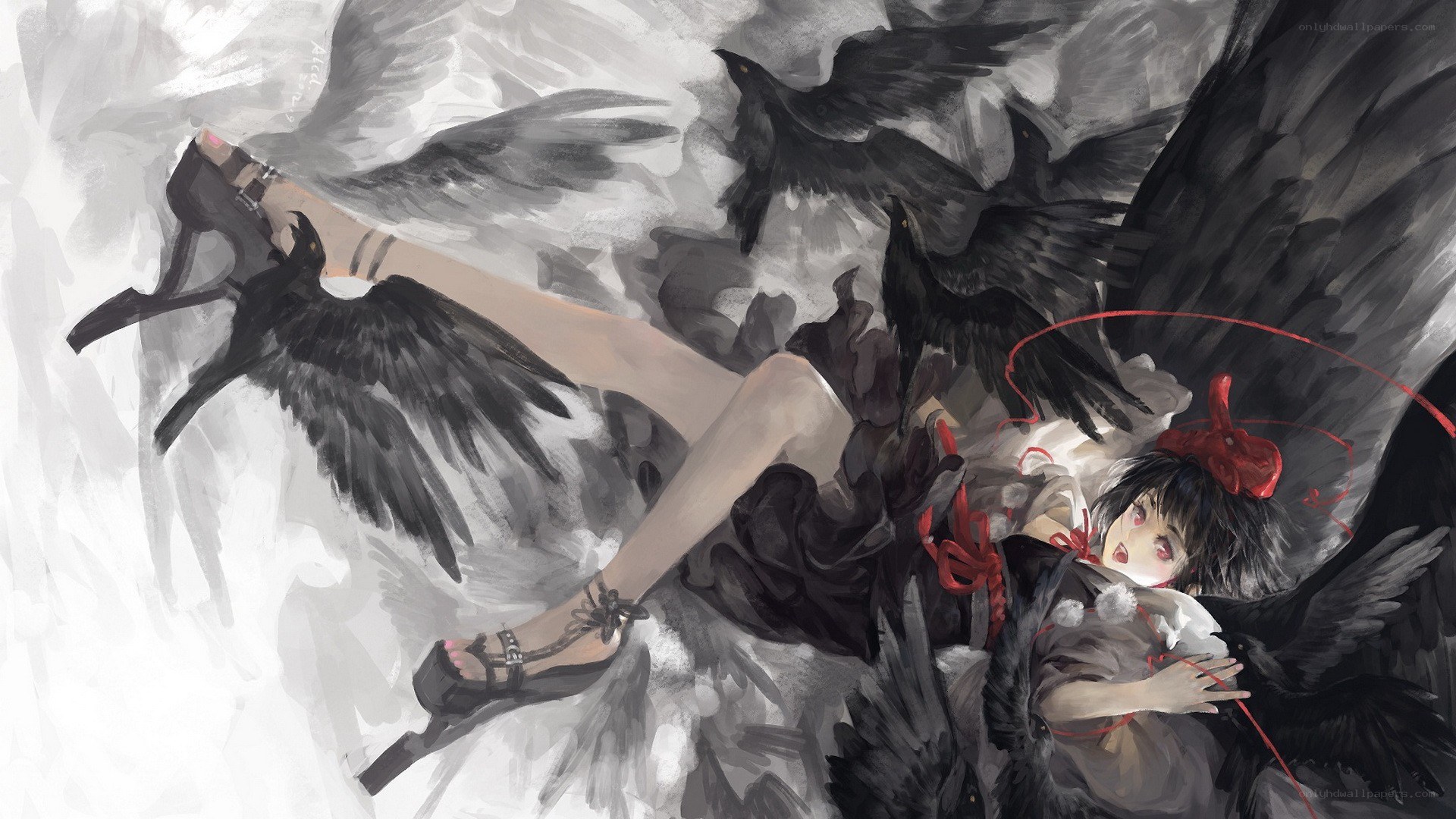 girl surrounded by black birds