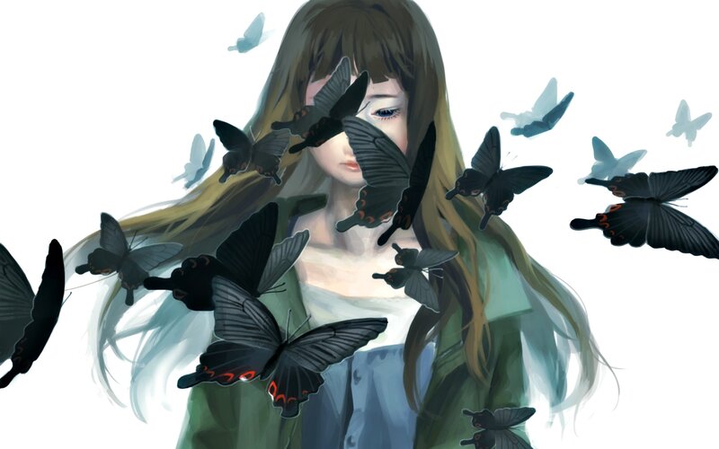 Girl Surrounded by Butterflies — White