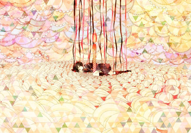 Girl surrounded by candles and ribbons