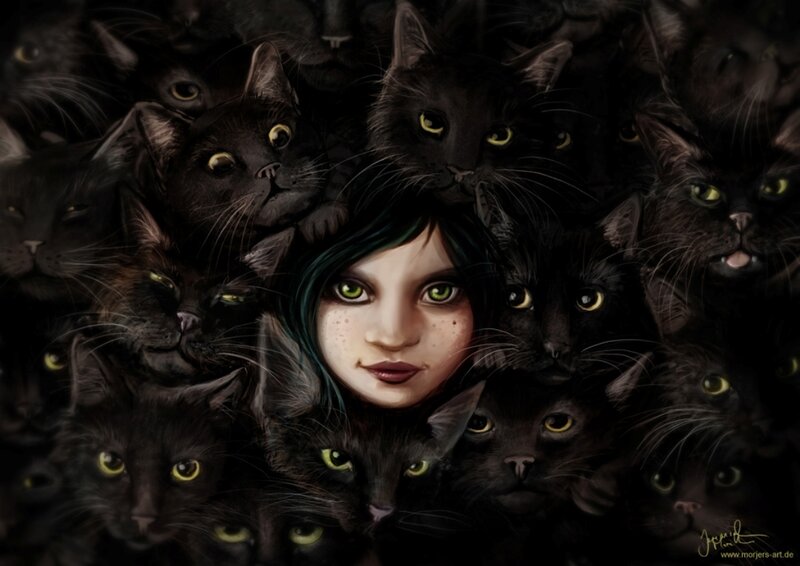 Girl Surrounded by Cats — Black, Mysterious
