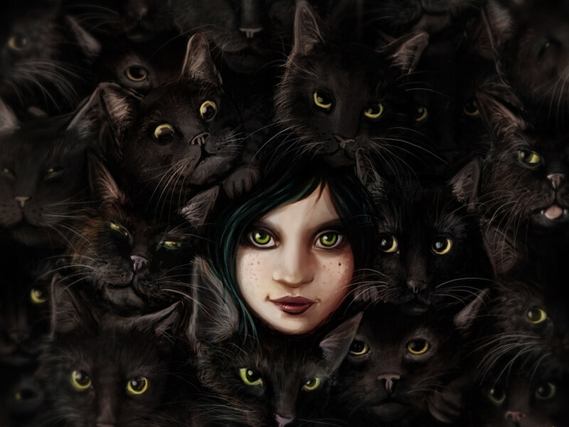 Girl Surrounded by Cats — Black