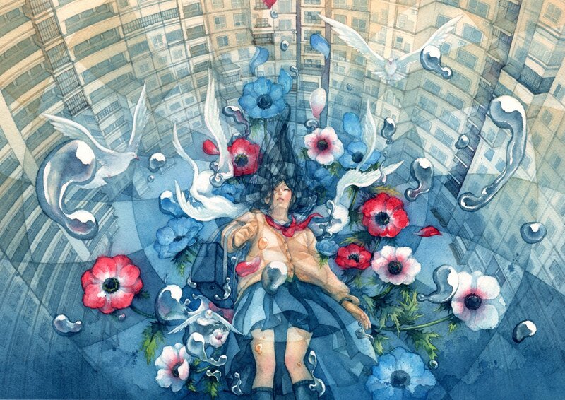 Girl surrounded by flowers and birds