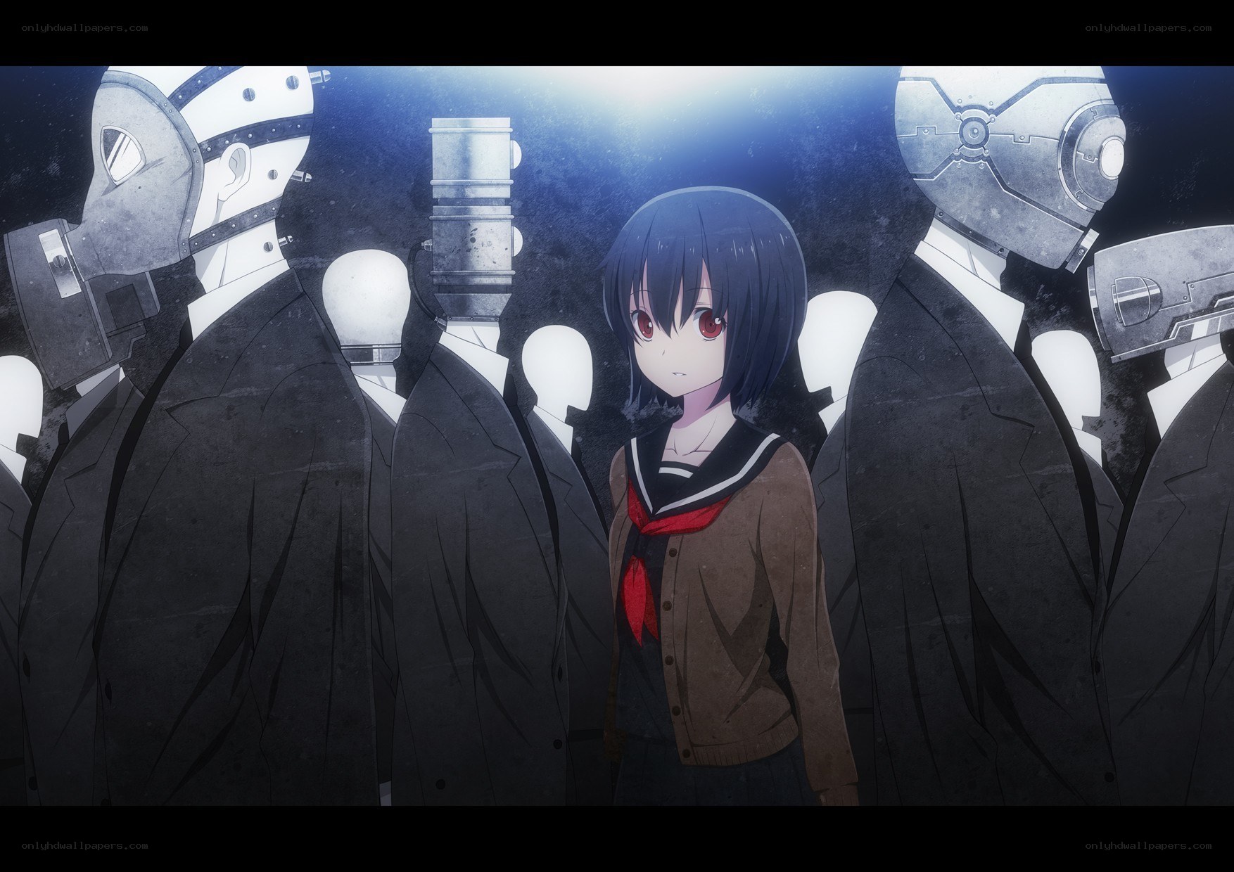 Girl surrounded by masked figures