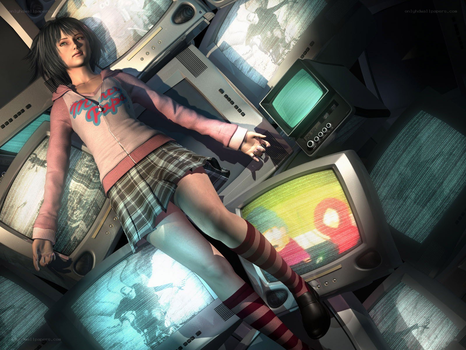 girl surrounded by old televisions