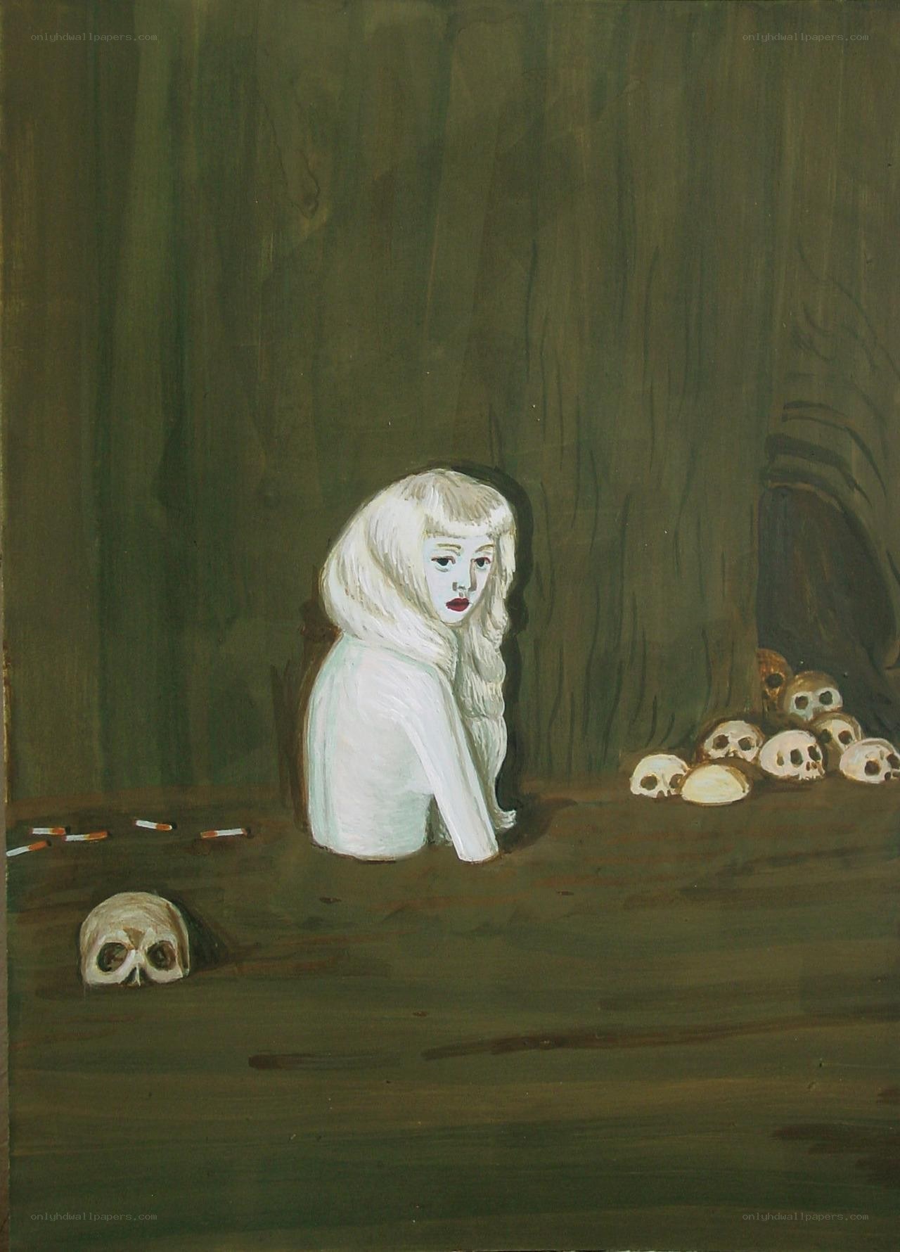 Girl surrounded by skulls