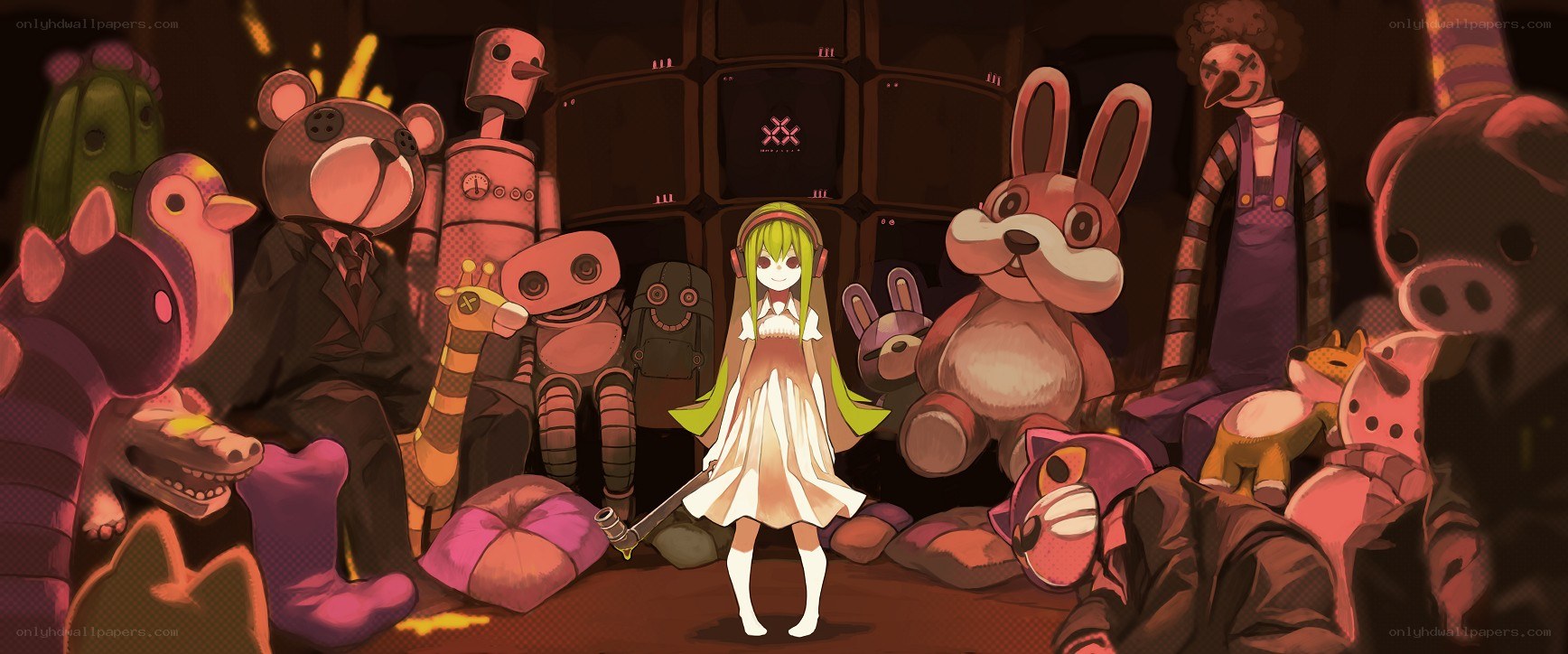 girl surrounded by stuffed animals