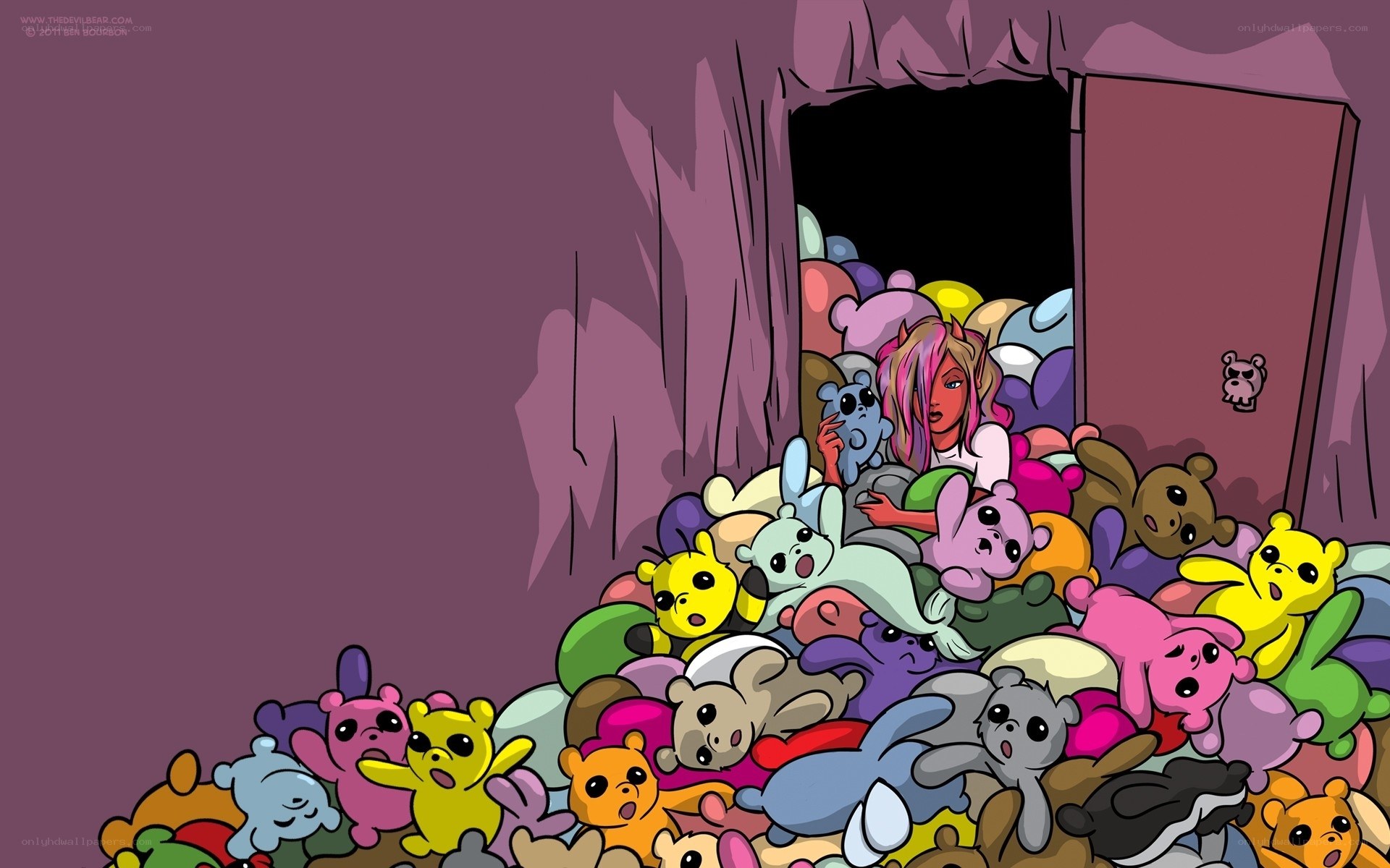 girl surrounded by stuffed animals