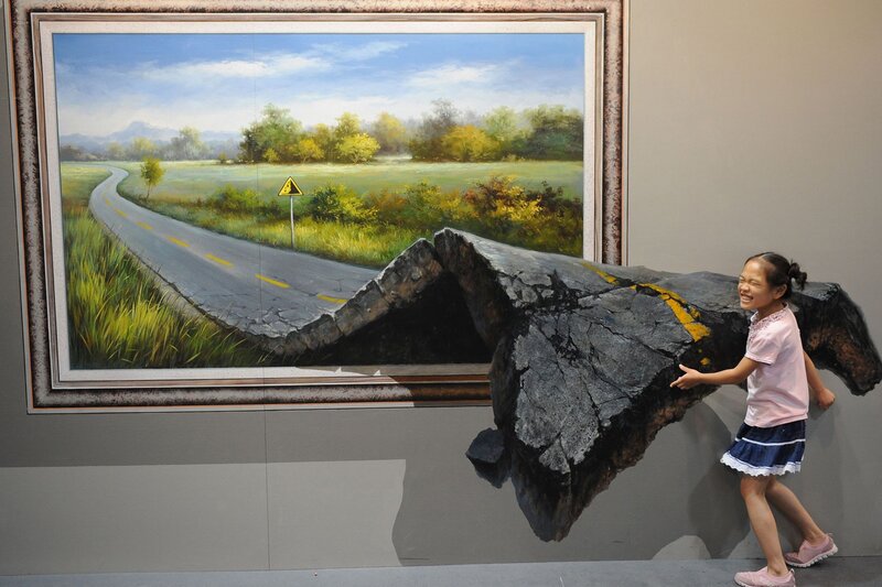 Girl Touching 3d Road Painting