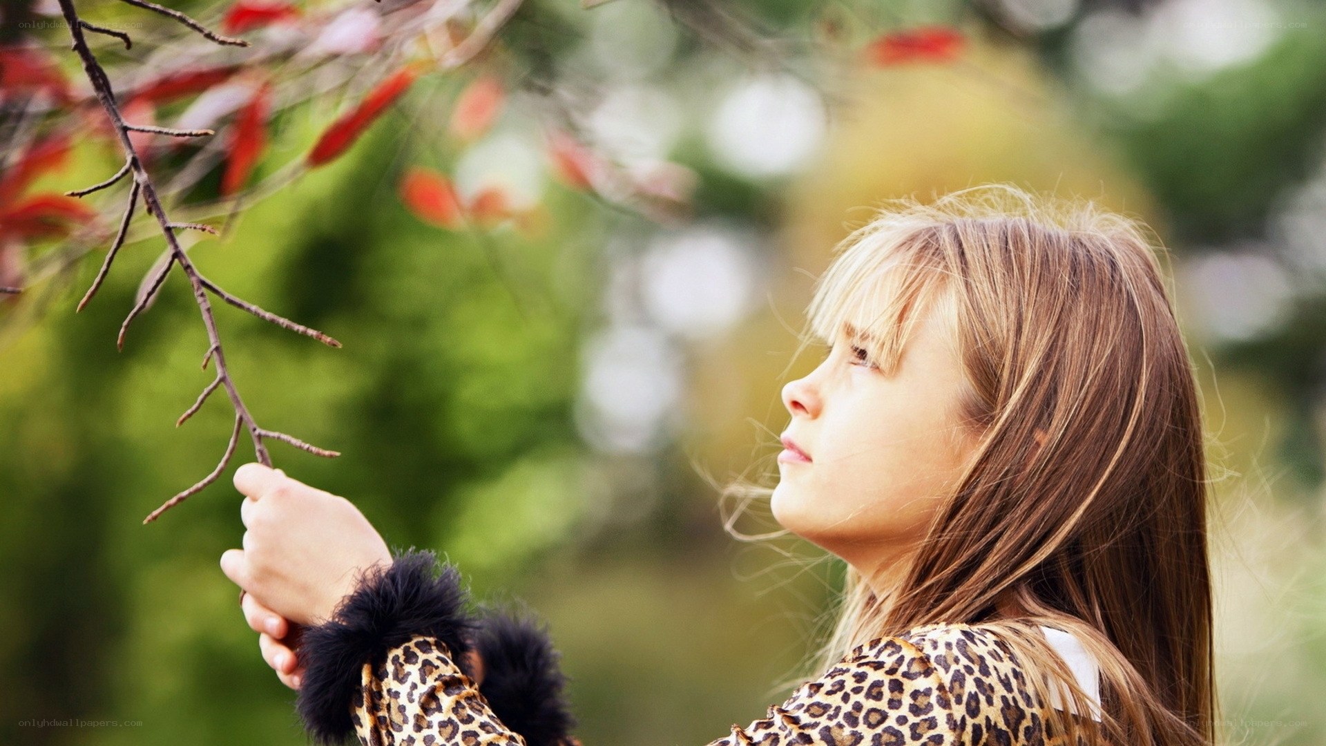 girl touching autumn branch