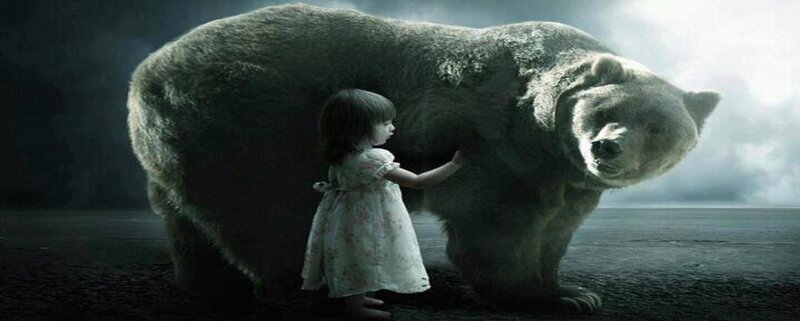 Girl Touching Bear — Gray