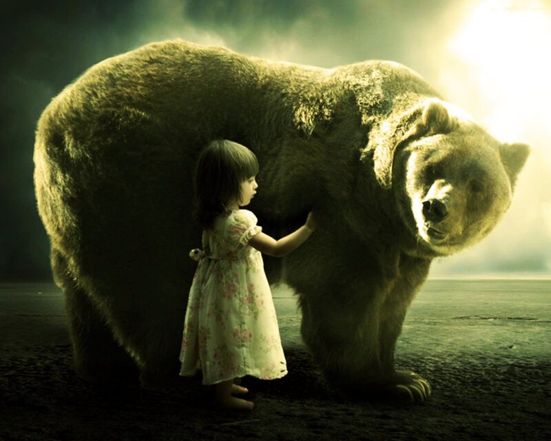 Girl Touching Bear — Green