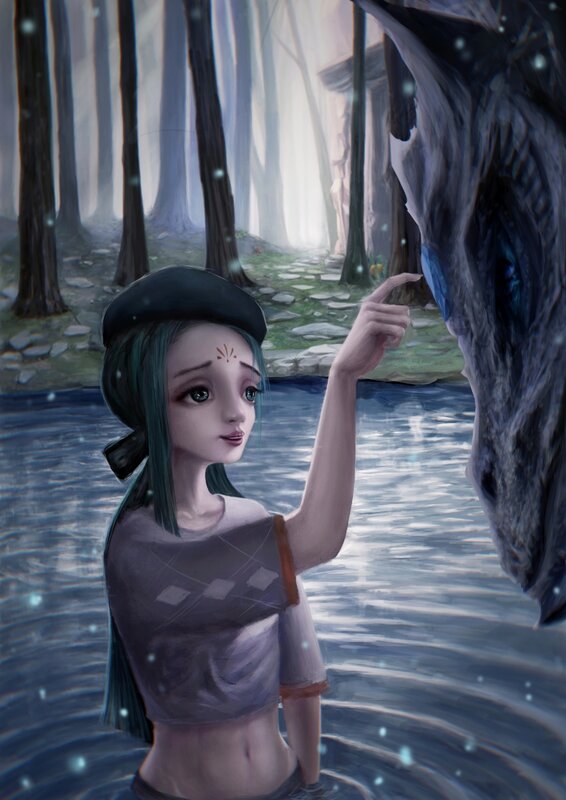 Girl Touching Dragon — Blue