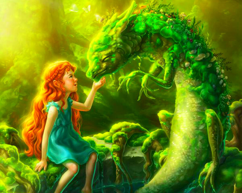 Girl Touching Green Dragon