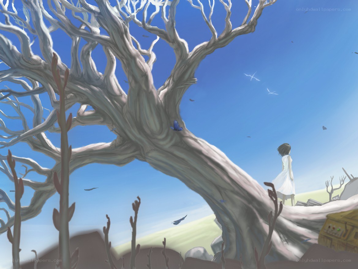Girl under a bare tree