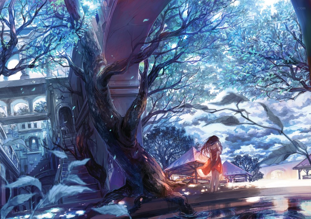 Girl under a giant tree