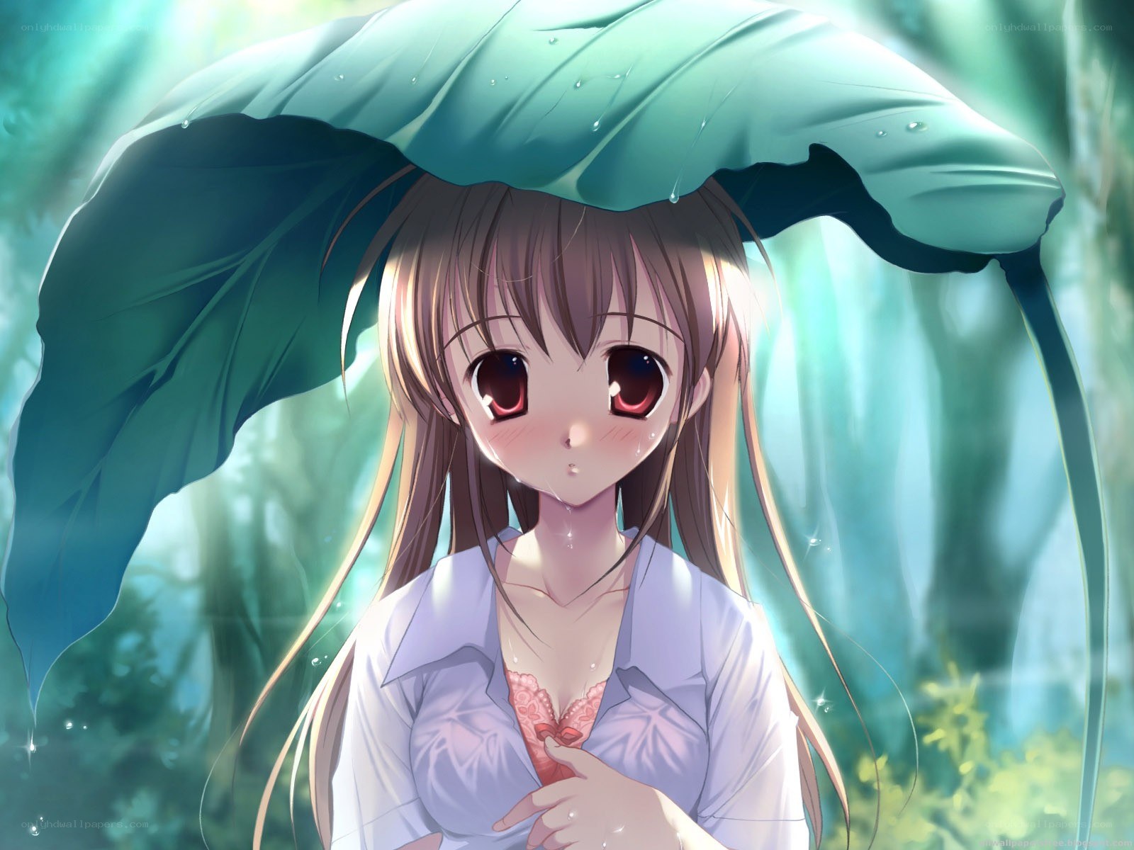 girl under a leaf in rain