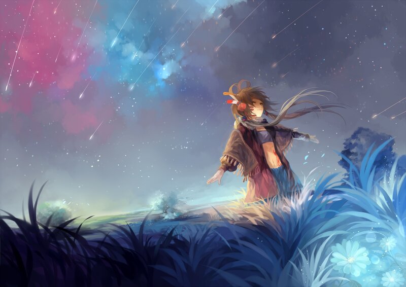 Girl under a meteor shower