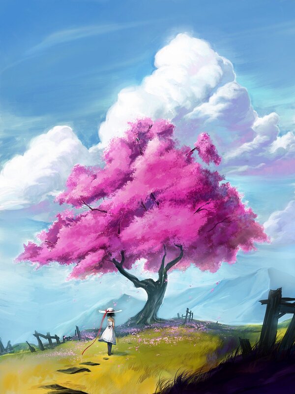 Girl under a pink blossom tree