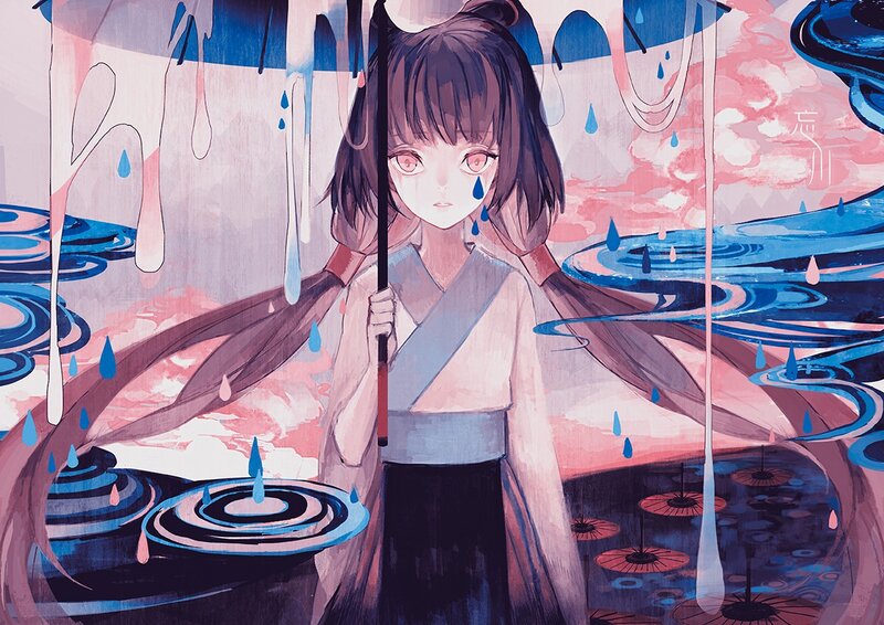 girl under a rain-soaked umbrella