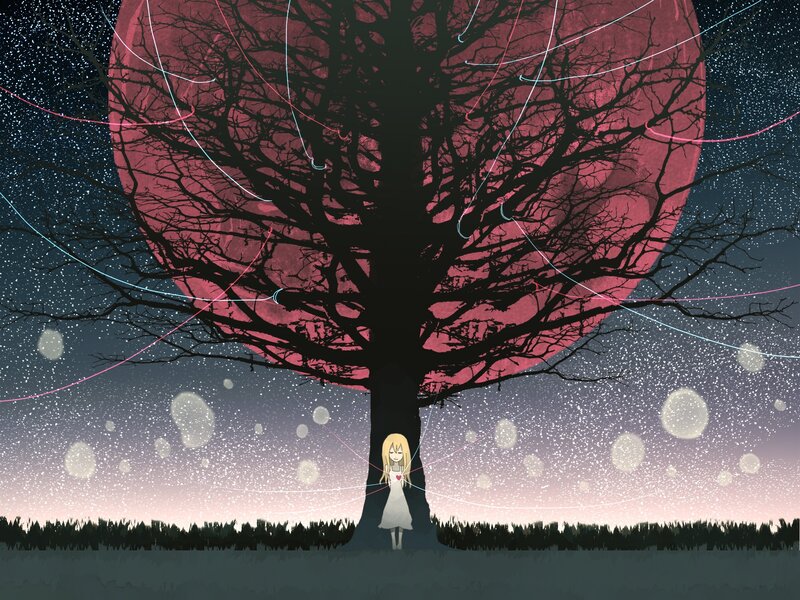 Girl under a red moon tree