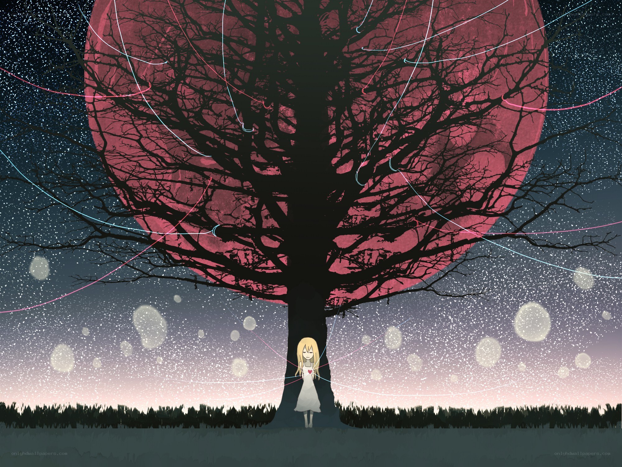 Girl under a red moon tree