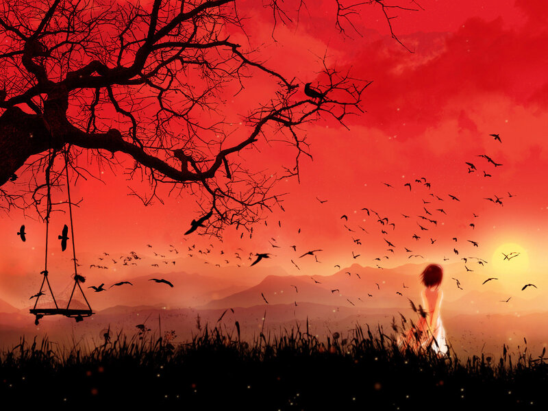 Girl under a red sky