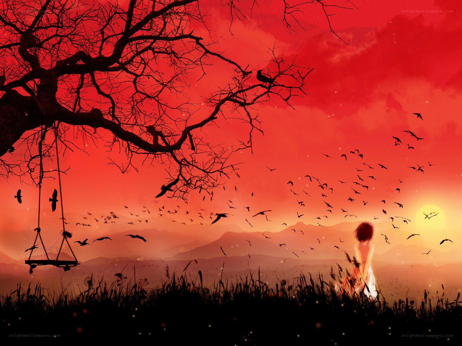 Girl under a red sky