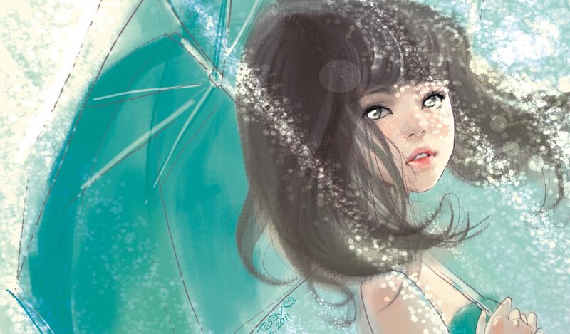 girl under a teal umbrella