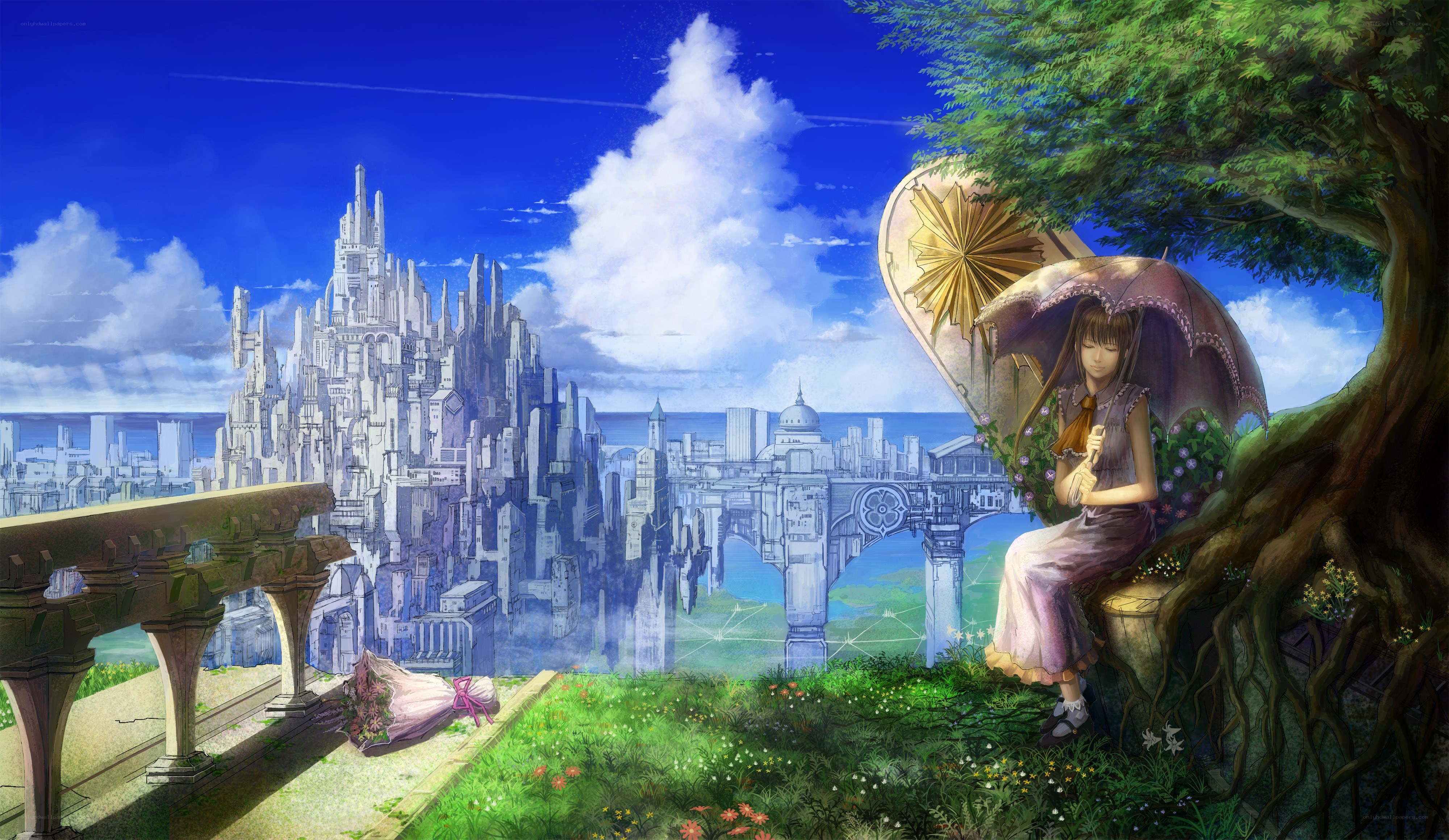 Girl under a tree with city view