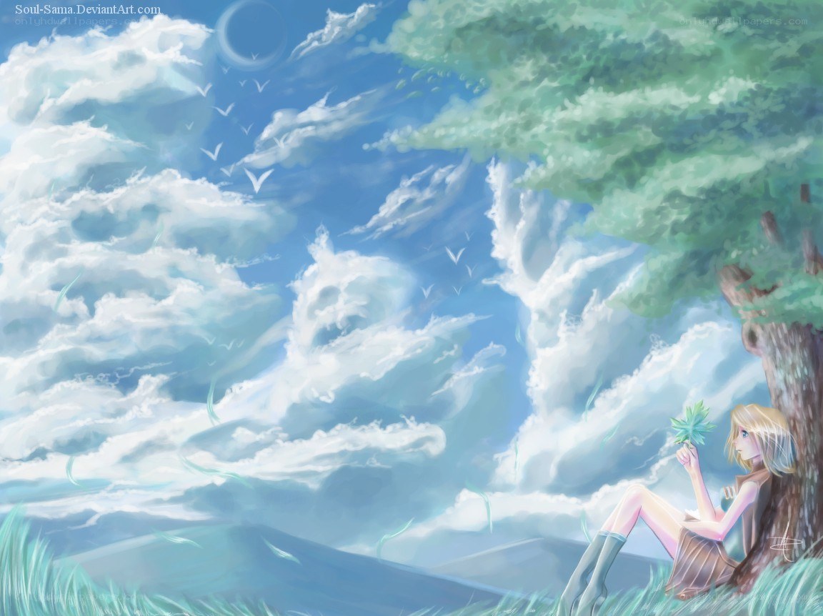 Girl under a tree with clouds
