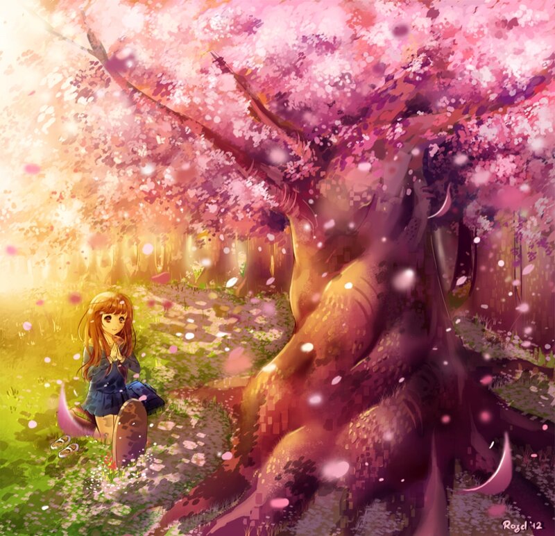 Girl under Cherry Blossom Tree — Pink, Serene, Spring, Digital Art