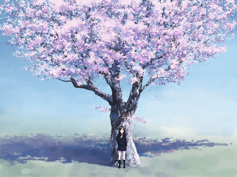 Girl under Cherry Blossom Tree — Pink, Serene, Spring