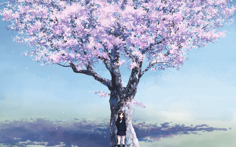 Girl under Cherry Blossom Tree — Pink, Serene