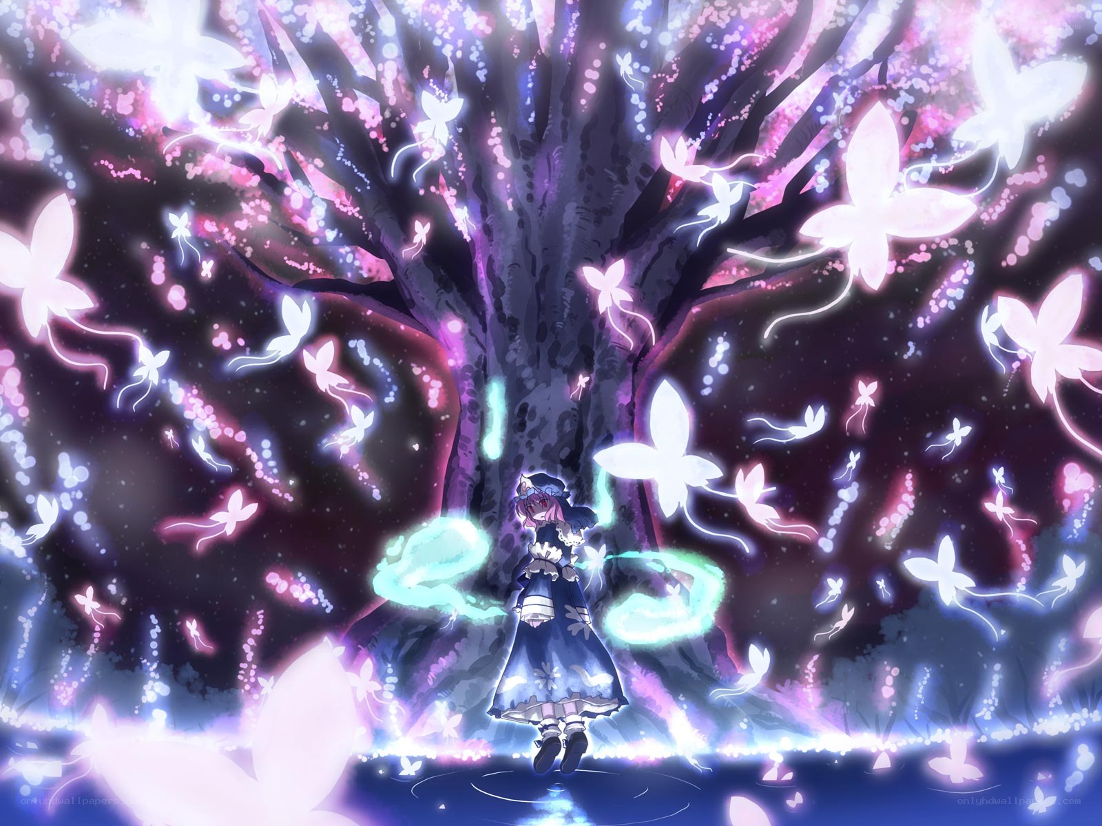 girl under glowing cherry tree