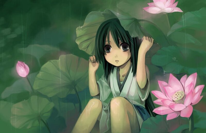 girl under lotus leaves in rain