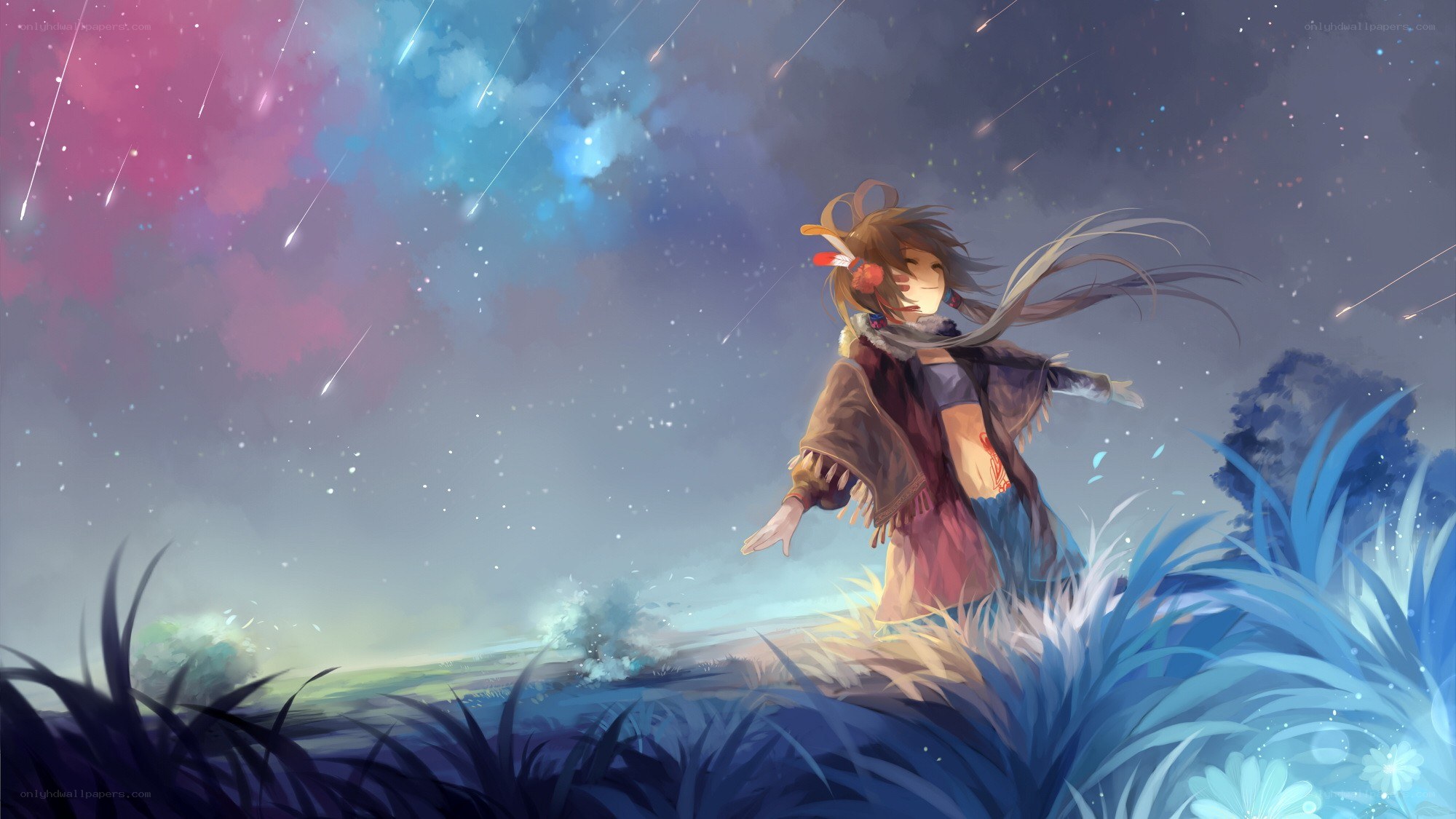 Girl under meteor shower
