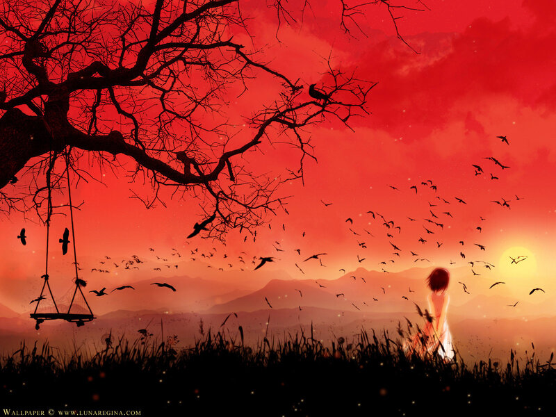 Girl under red sky at sunset