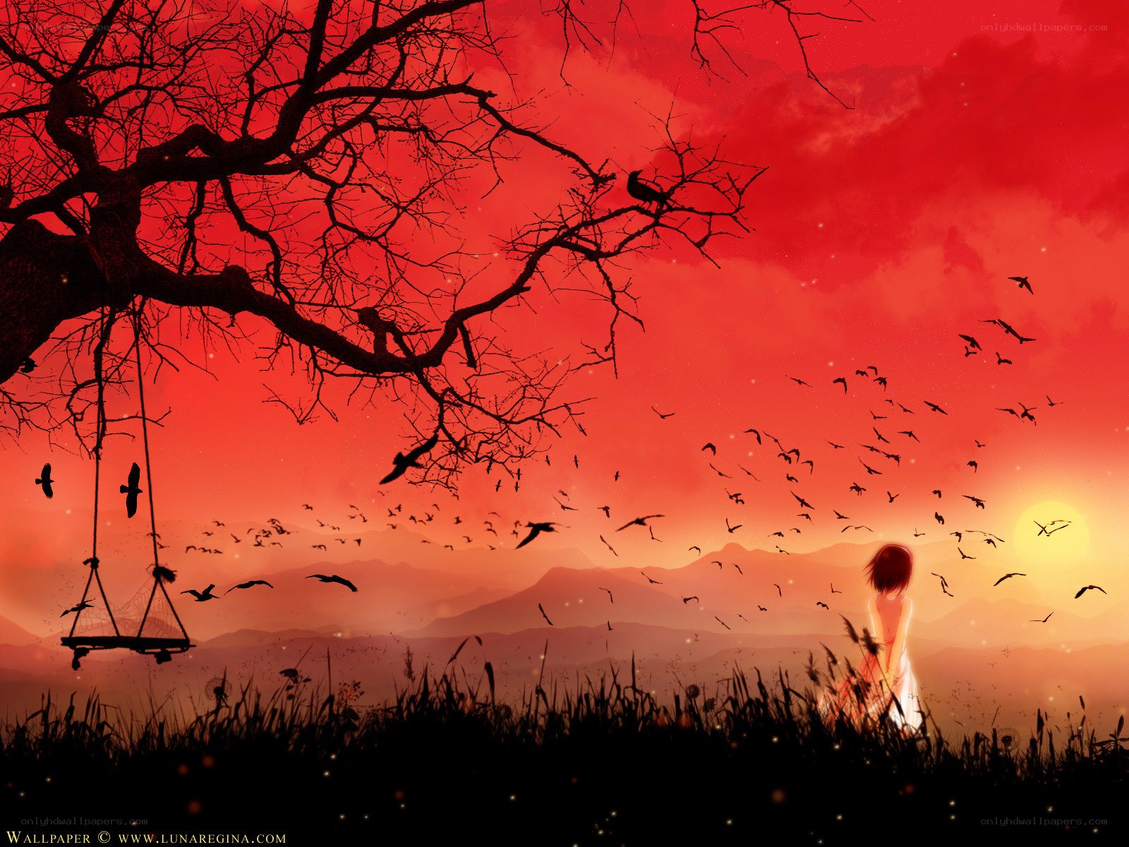 Girl under red sky at sunset