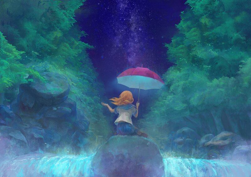 Girl under starry sky with umbrella