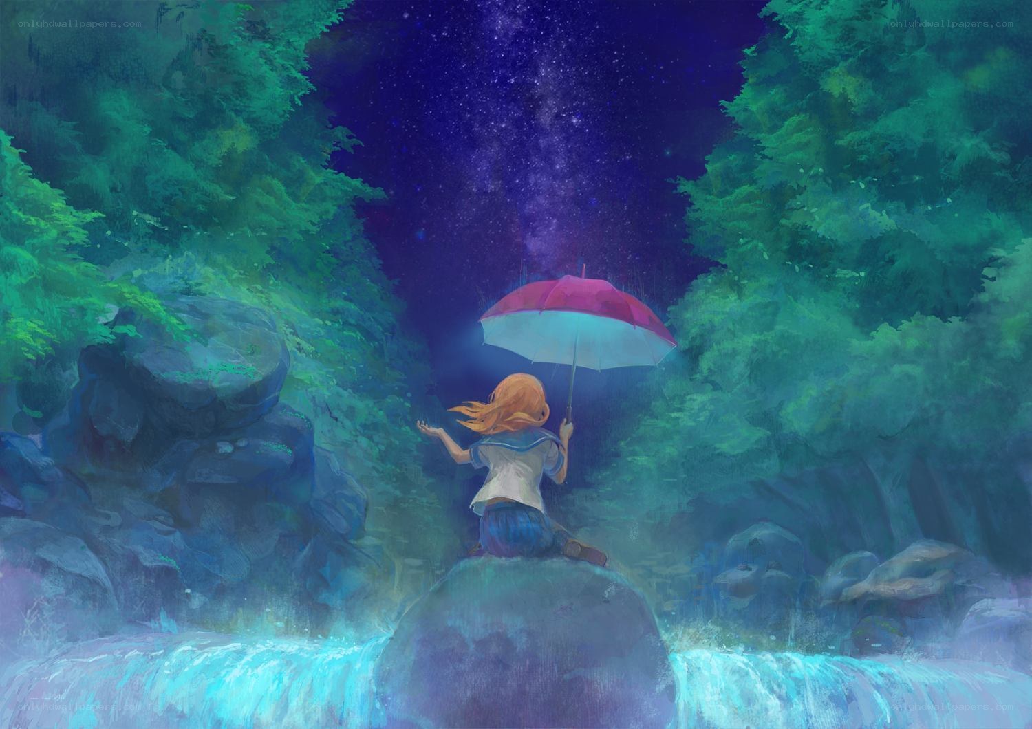 Girl under starry sky with umbrella