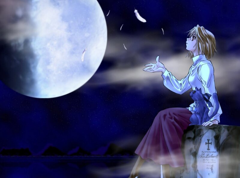 girl under the moon with cat
