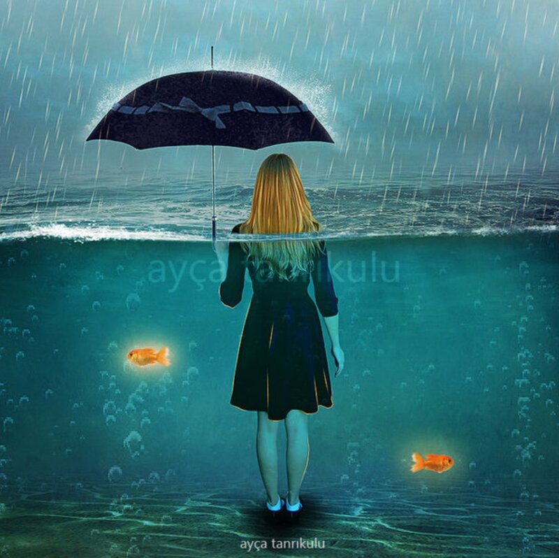 Girl under Umbrella — Blue
