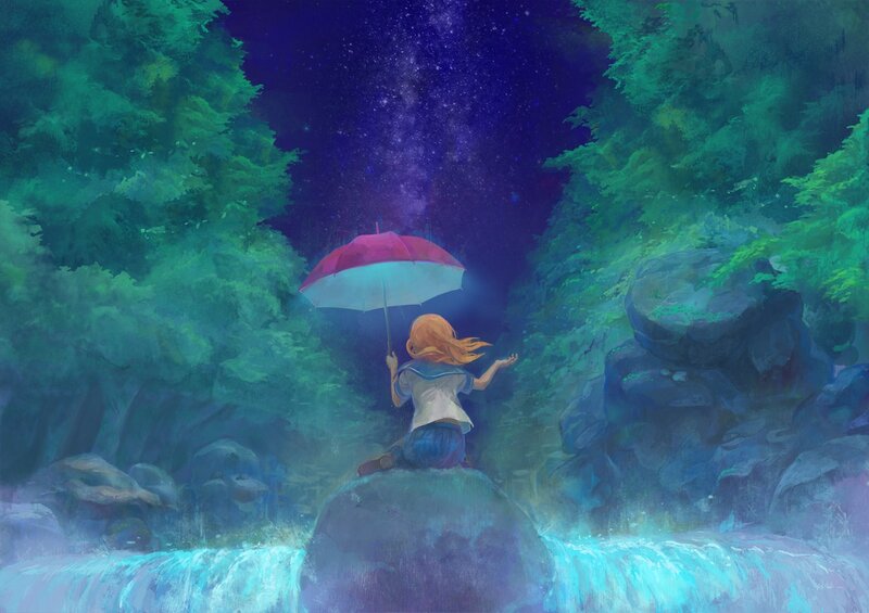 Girl under umbrella in forest