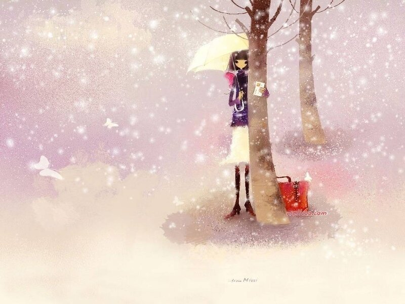 Girl under umbrella in snow