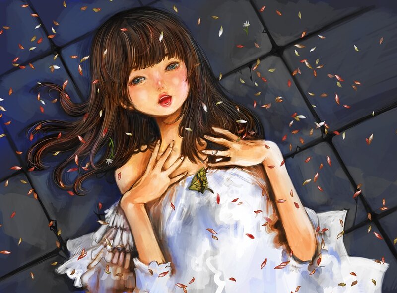girl under umbrella with falling leaves