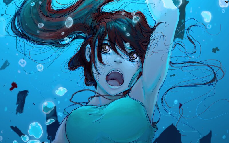 girl underwater in distress