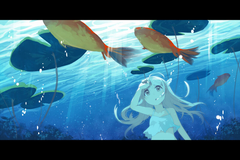 Girl Underwater with Fish — Blue, Serene
