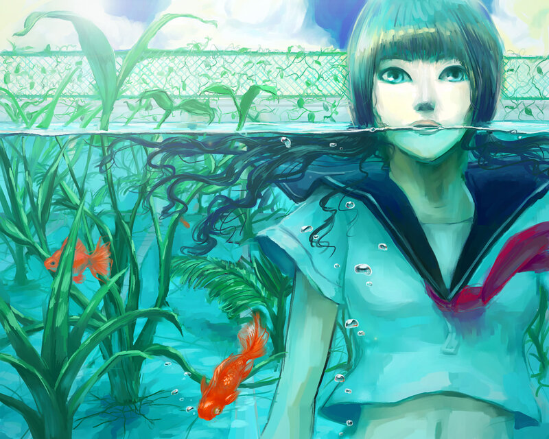 Girl Underwater with Fish — Blue