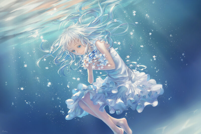 Girl Underwater with Flowers — Blue, Serene